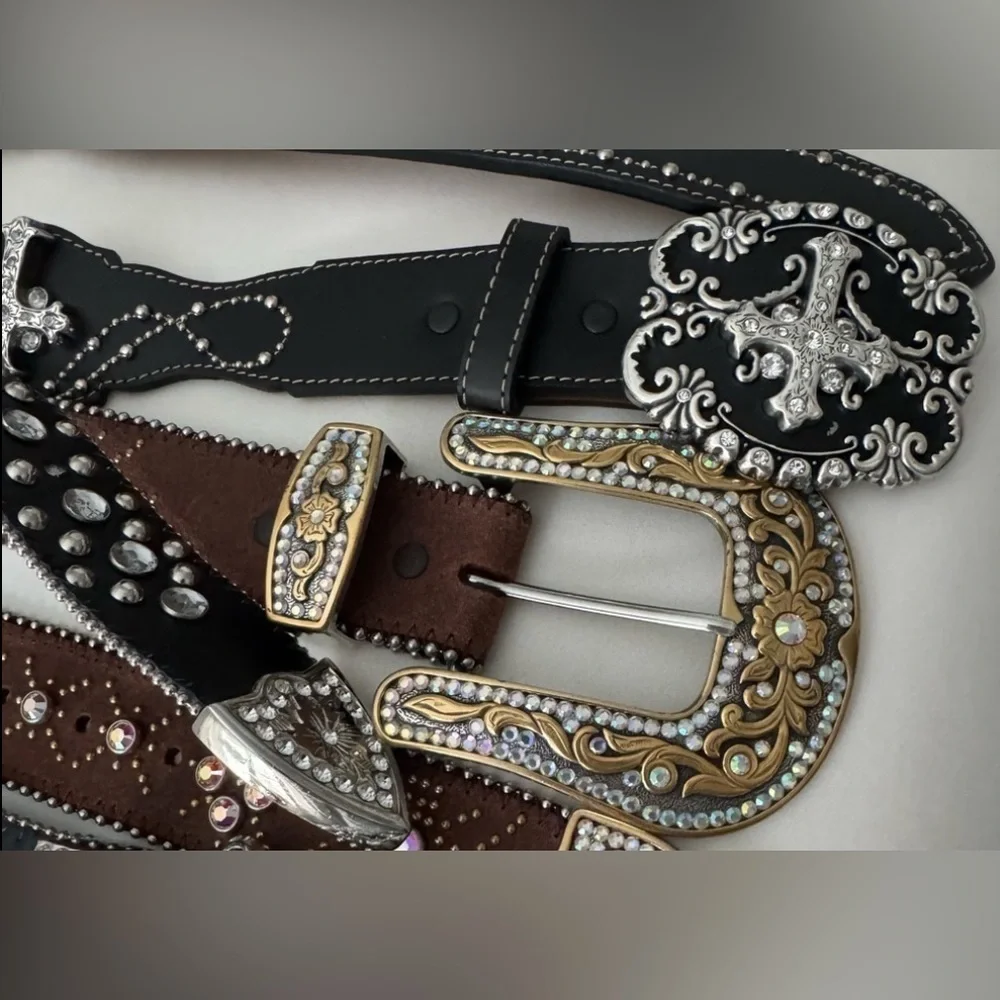 Justin Boots Leather Cross & Rhinestone Bling Belt Western Country Boho Bling